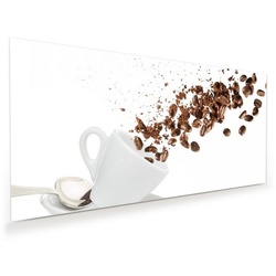 Primedeco Glasbild Wandbild Kaffeebohnen und Pulver mit Aufhängung, Kaffee weiß 120 cm x 60 cm