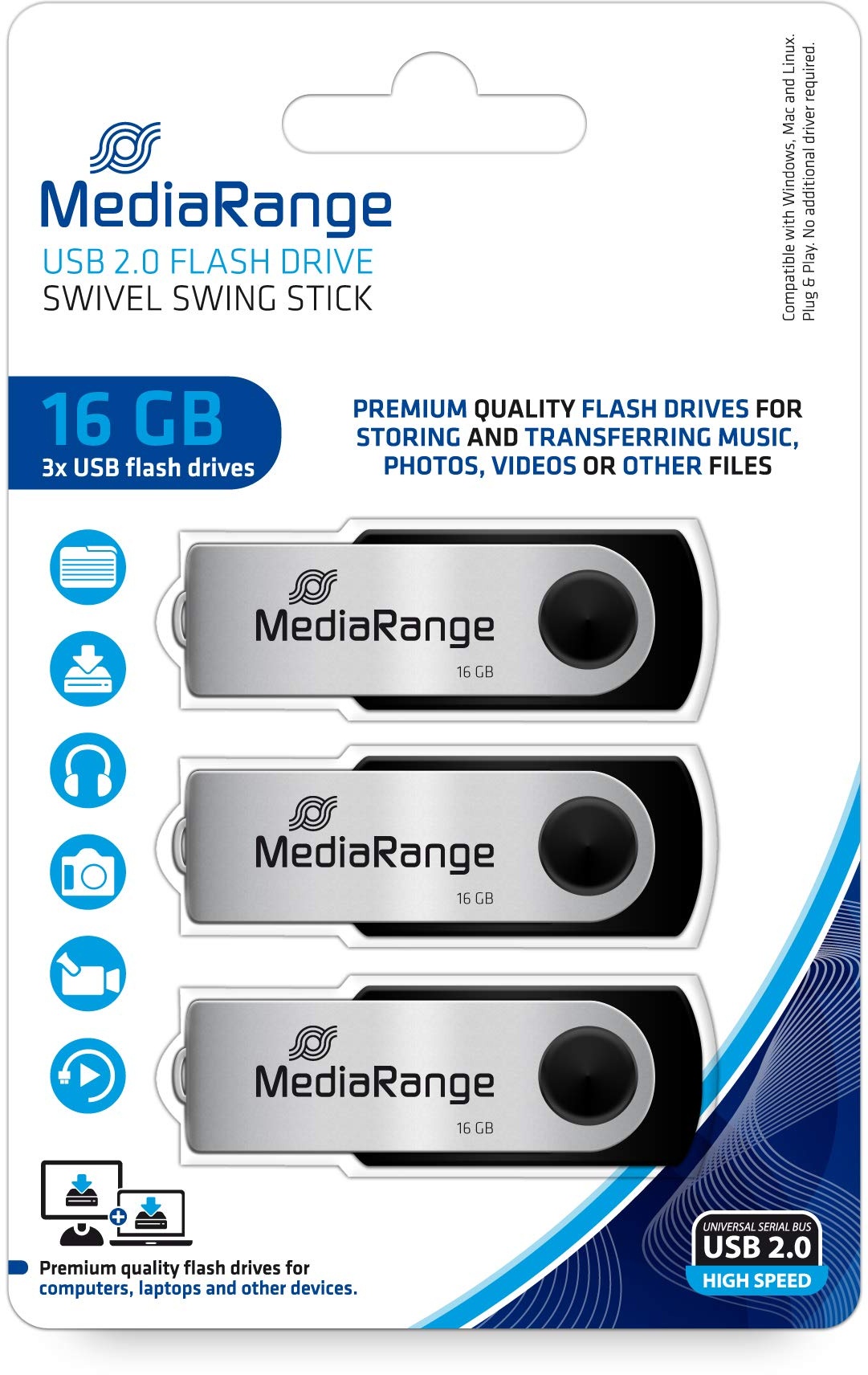 MediaRange USB 2.0 Speicherstick 16GB - 3er Pack - Mini USB Flash-Laufwerk mit sicherem Drehkappengehäuse, externe Speichererweiterung mit Lesegeschwindigkeit von bis zu 17 MB/s, Farbe Schwarz