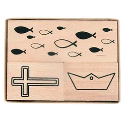 Rayher Kommunion/Konfirmation Motivstempel Fische/Kreuz/Boot 3,9 x 2,6/8,3 x 2,6 cm