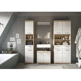 WELLTIME Badmöbel-Set "Siena, 4 teilig, bestehend aus:", weiß (eiche sonoma hell nb, weiß hochglanz mdf tz), B:186cm H:191cm T:34cm, Holzwerkstoff, MDF, Kastenmöbel-Sets, Badmöbel-Set, Hochschrank, Waschbeckenunterschrank, Badspiegel, Midischrank