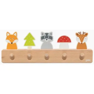 GoKi 60662 - Garderobe Waldfreunde aus Holz, Kindergarderobe mit 5 Haken, Niedliche Waldmotive Fuchs, Waschbär, Reh, Hakenleiste für Kinderzimmer, Fördert Ordnung und Selbstständigkeit, ab 1 Jahr