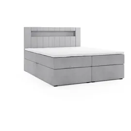 m-punkt Boxspringbett KUBA mit Bettkasten Visco Topper LED 180 x 200 cm Webstoff Grau Bett Bettkasten Topper