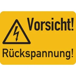 Warnschild, Vorsicht! Rückspannung!, Folie - ISO 7010 - 52x37 mm Folie selbstklebend
