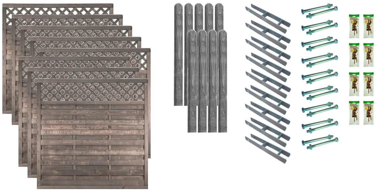 Dichtzaun TETZNER & JENTZSCH "Boston 6", bunt (grau, silberfarben), H:180cm, Holz, Stahl, Zaunelemente, 8 Elemente, LxH: 1521x180 cm