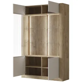 LEONIQUE Vitrine "Kasai", beige (eiche harbor gold, kashmir), B:128,5cm H:200cm T:41cm, FSC-zertifizierter Holzwerkstoff, Glas, MDF, Melamin, Schränke, Vitrine