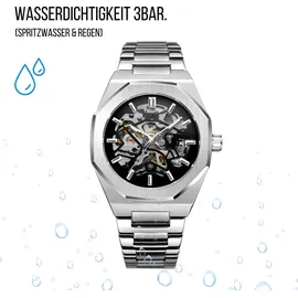 s&t design Herren Uhr Automatik Mechanische Skelett Edelstahl Wasserdicht Armbanduhr Silber