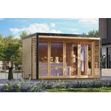 Karibu Saunahaus Außensauna Gartensauna Ares 4 unbehandelt Ofen 9 KW externe Strg easy 38mm Massivholz 359x276x232 cm