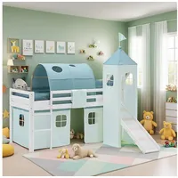 Homestyle4u Hochbett 90x200 mit Lattenrost, Turm, Tunnel Rutsche, Vorhang