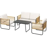 Outsunny Gartenmöbel-Set für 4 Personen im Freien, Balkonmöbel-Set aus Polyrattan mit 2-Sitzer-Sofa, Sesseln und Glastisch, abnehmbare Kissen inklusive, Creme   Aosom