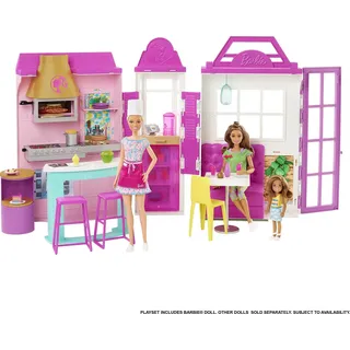 Barbie HGP59 - Cook'n Grill Restaurant Spielset, mit Köchin Puppe, Freundin und kleinem Mädchen, aufklappbar, Spielzeug ab 3 Jahren