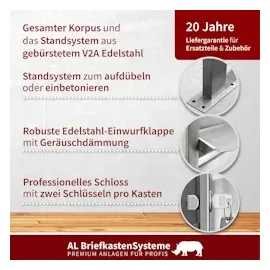 AL Briefkastensysteme 6 Fächer Premium Edelstahl Stand Briefkasten Anlage mit Klingeln, Post A4 modern, robust, wetterfest, Artikelnummer: 331V6S2KS