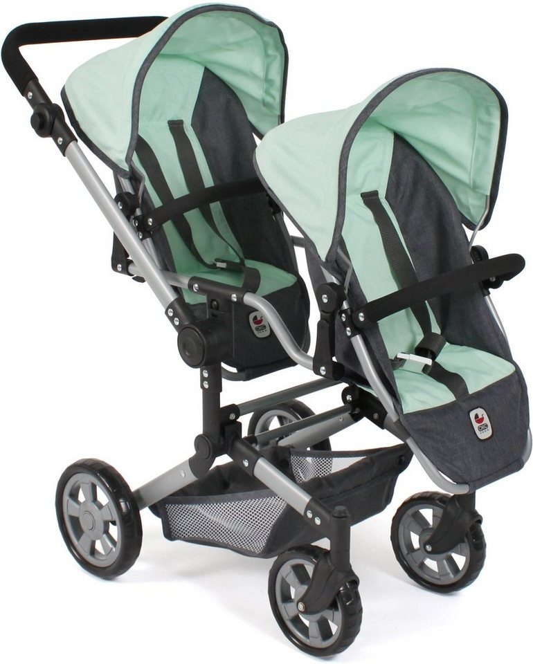 CHIC2000 Puppen-Zwillingsbuggy Linus Duo, Grau-Mint, mit zwei abnehmbaren, bis in Liegeposition verstellbaren Sportsitzen grau|grün