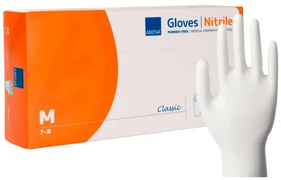 Nitrilhandschuhe Abena weiß M Gr. 8, puderfreie, unsterile Nitrilhandschuhe, 100 Stück/Box
