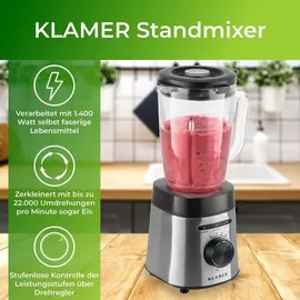 Klamer Standmixer, 1,75 L Glasbehälter, Elektrischer Mixer mit 1400 Watt, Smoothie Maker mit 22.000 U/Min, 3 Programme und 6 Klingen, inklusive Trink...