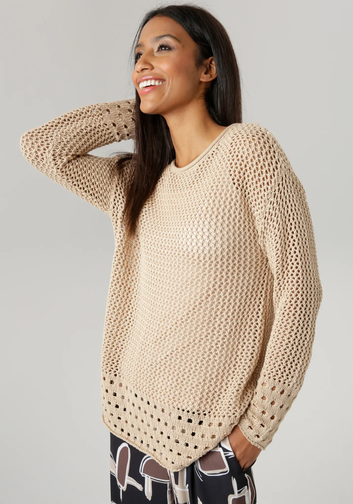 Strickpullover ANISTON SELECTED Gr. 40, beige Damen Pullover in Netzoptik