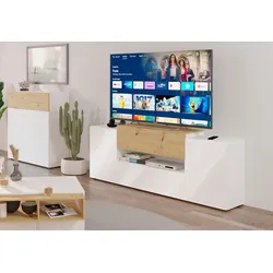 TV-Board FMD "Olpe", weiß (brilliantweiß, artisan eiche), B:182cm H:70,2cm T:33cm, Sideboards, Breite 182 cm