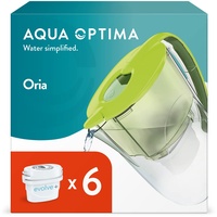 Aqua Optima Oria Wasserfilterkanne & 6 x 30 Tage Evolve+ Wasserfilterkartusche, 2,8 Liter Fassungsvermögen, zur Reduzierung von Mikroplastik, Chlor, Kalk und Verunreinigungen, Grün