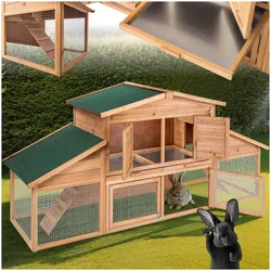 tectake® Kleintierstall, aus Holz, 4 Türen, Ruhezone und Freilaufbereich, inklusive ausziehbarer Schublade, 226 x 77 x 95,5 cm