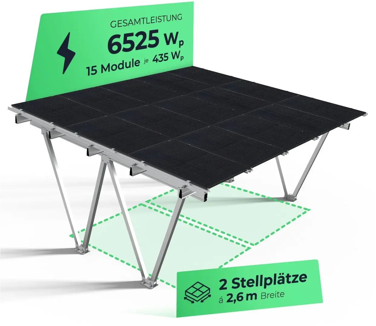 Solarway Double PKW Solar-Carport Gestell 6500 Watt - inkl. 15 Solarpanels und Regenrinne - Dach versiegelt wasserdicht