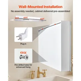 Vevor beleuchteter Medizinschrank mit Spiegel (60 x 80 cm) Wandmontage, 3-farbig dimmbarer LED-Badezimmerschrank mit HD-Spiegel, Memory-Funktion/verstellbaren Regalen, Stauraum/Steckdosen und USBs