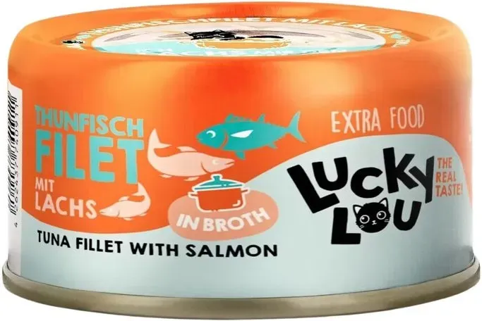 LUCKY LOU Katzen-Nassfutter Thunfisch & Lachs in Broth - 12 x 70g - Getreidefreies Ergänzungsfutter, ohne Zucker oder Konservierungsstoffe