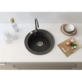 Manestein Spülbecken, Küchenspüle aus Granit, Einbauspüle, Einzelbecken mit Siphon, Fleckenbeständig und Pflegeleicht, 1 Becken, Ø Schwarz