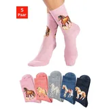H.I.S. H.I.S Socken Packung, 5 Stk. tlg. Mit unterschiedlichen Pferdemotiven, Gr. 23-26, 1x hellrosa-meliert, 1x lachs-meliert, 1x hellgrau-meliert, 1x jeans-meliert, 1x dunkel jeans-meliert, , 74784614-23