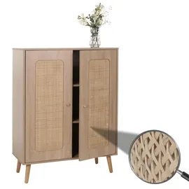 Mendler Highboard HWC-M38, Kommode Schrank Sideboard, Staufächer, Kubu Rattan Holz 106x80x41cm ~ Eiche-Optik