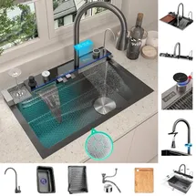 Faizee Möbel - Küchenspüle Nano 75x46cm - Wasserfallspüle aus hochwertigem Edelstahl mit ausziehbarem Wasserhahn und Zubehör