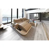 Sofa Dreams Ecksofa Wave L Form Ledersofa LED, 4-Sitzer, Echtleder Premium, Sandbeige-Weiß, Ottomane links, USB beige