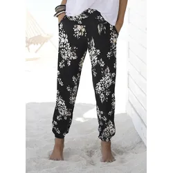 Strandhose LASCANA, Damen, Gr. 46, N-Gr, beige (schwarz, creme), Jersey, Obermaterial: 100% Viskose, bedruckt, casual, figurumspielend lang, Hosen, mit dezentem Blumendruck, lockere Jerseyhose, Sommerhose, Topseller