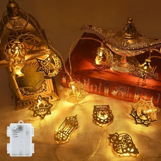 cshare Ramadan Eid Dekorationen Lichterkette, 1.5M 10LEDs Mubarak Islam Batteriebetrieben Stern Mond Lichterketten mit Timer IP65 Wasserdicht, für Ramadan Eid Party Home Garten Innen Außen-Warmweiß