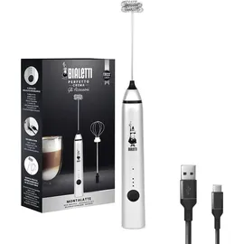 Bialetti Stab-Milchaufschäumer mit zwei Aufsätzen USB-Aufladbar, Kunststoff, Metall, Silber, 6770 BIALETTI