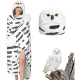 pewjury Decke mit Ärmeln und Kapuze, Schneeeule Decke mit Handschuhen, Tiermuster kuscheldecke flauschig, Kuschelige Flanell Geschenke Kuscheldecke für Frauen