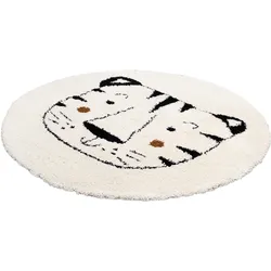Kinderteppich "NOMAD - Whiter Tiger", weiß (wollweiß), H:35mm Ø:135cm, Polypropylen (PP), PRIMAFLOR-IDEEN IN TEXTIL, Teppiche, Hochflor, Motiv Tiger, weich & kuschelig, Kinderzimmer