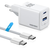 NOHON USB C Ladegerät Schnellladegerät: 35W Netzteil USB C mit 60W Typ-C 1M Ladekabel, 2-Port GaN Handy Ladestecker Kompatibel mit iPhone 15/14/13/12 Mini Pro Max, iPad Air/Pro, Samsung, Pixel (Weiß)