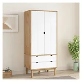 furnicato Kleiderschrank OTTA Braun&Weiß 76,5x53x172 cm Massivholz Kiefer (1-St) Garderobenschrank mit 2 Schubladen und großem Fach für Schlafzimmer braun|weiß