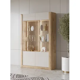 LEONIQUE Vitrine "Kasai", beige (eiche harbor gold, kashmir), B:128,5cm H:200cm T:41cm, FSC-zertifizierter Holzwerkstoff, Glas, MDF, Melamin, Schränke, Vitrine