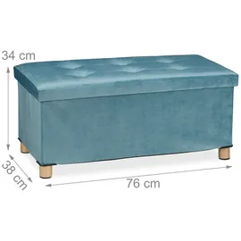 Relaxdays Sitzbank mit Stauraum, Polster, Samtbezug, Holzfüße, bis 120 kg, faltbar, Sitztruhe HBT: 34x76x38 cm, türkis
