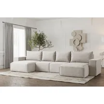 Fun Möbel Wohnlandschaft U-Form Sofa ESTELLE mit Schlaffunktion in Stoff Poso Creme - Creme
