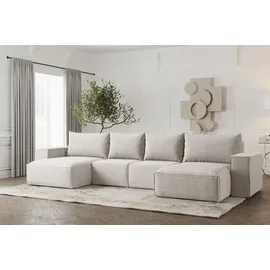 Fun Möbel Wohnlandschaft U-Form Sofa ESTELLE mit Schlaffunktion in Stoff Poso Creme - Creme