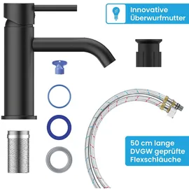 Bächlein Badarmatur Susara mit gebogenem Auslauf, Design Einhebelmischer mit langlebiger Keramikkartusche und Montage-Set, Bad Wasserhahn Matt Schwarz
