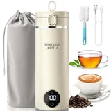 Reise Elektrisch Wasserkocher mit Temperatureinstellung, 500ML Flaschenwärmer Baby Unterwegs Mini Wassertasse Edelstahl 316, Auslaufsicher,Reisewasserkocher für Camping, Hotel, Babymilch, Beige