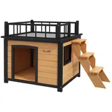 PawHut Hundehütte Hundehaus mit Balkon, Erhöhtes Kleintierhaus mit Treppe, Fenster, Hundehöhle für Kleine, Mittele Hunde, Tannenholz, Gelb, 121 x 77 x 78 cm