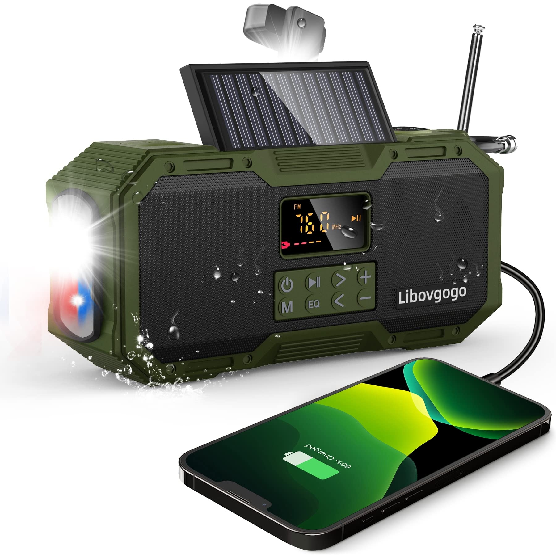 Libovgogo DF-588 Auto-Scan FM/AM Kurbelradio mit Handyladefuntion Solarladegerät,10W IPX5 Spritzschutz Bluetooth-Lautsprecher,tragbares Notfallradio 4000mAh Powerbank,Taschenlampe,Leselampe