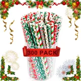 300 Stück Weihnachten Papierstrohhalme, Bunte Papier Trinkhalme, Bunter Weihnachten Druck Trinkhalme, Baumschmuck Strohhalme für Weihnachten, Neujahr, Urlaub, Party