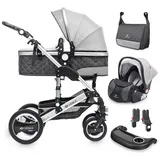 veska 3 in 1 Kombi-Kinderwagen inkl. Babyschale, Jogger mit Wickeltasche, Moskitonetz, Regencover, Spieltisch, Autoschale Fußsack, QuickFold, Aluminiumrahmen Silber - anthrazit/grau)