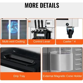 Vevor Kommerzielle Eismaschine Eiscreme-Maschine 21–31 L/h Freistehende Softeismaschine mit 3 Geschmacksrichtungen, 2 x 4,3 L Edelstahlbehälter,...