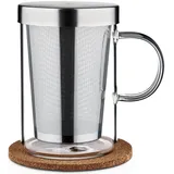 Cosumy Teetasse mit Deckel und Sieb - Teeglas mit Sieb & Untersetzer 400ml - Teebecher aus Borosilikat Glas - Feinmaschiger Filter
