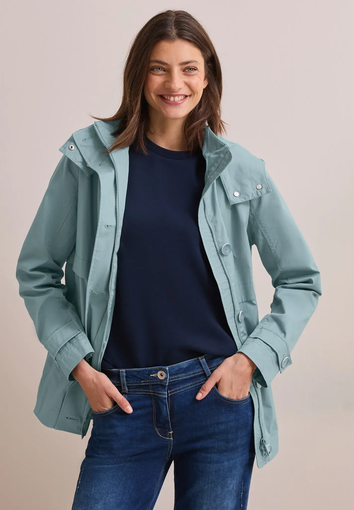 Cargojacke CECIL, Damen, Gr. XXL (46), blau (strong mint), Web, Obermaterial: 100% Baumwolle. Futter: 100% Polyester, unifarben, normal normal, hoch geschlossener Ausschnitt, Manschette, Jacken, mit Kapuze in Tasche am Nacken